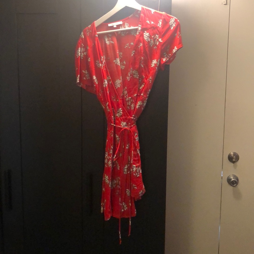 Red floral wrap dress